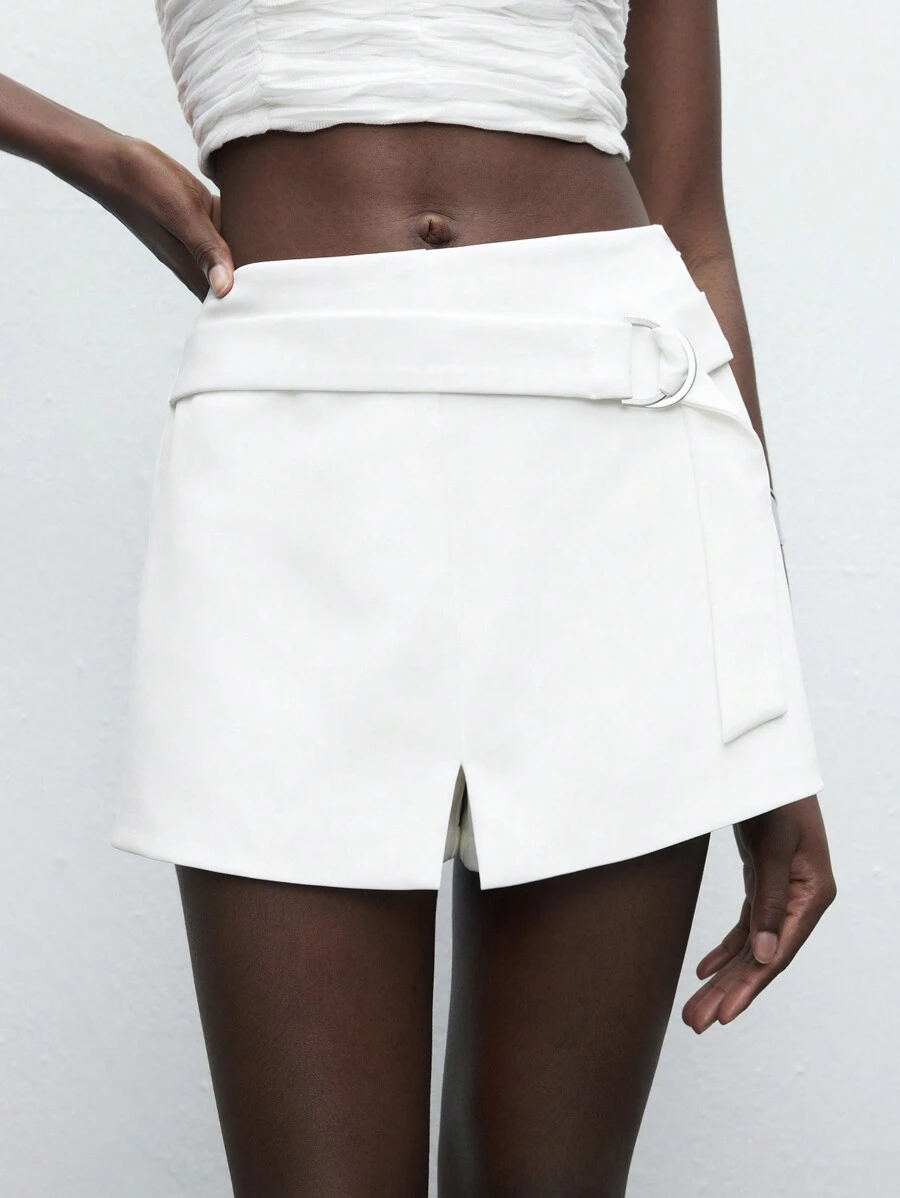 Maija Back-To-School Casual White Women's Workwear Skirt, Summer Solid Color Split Short Skort - White - View 1