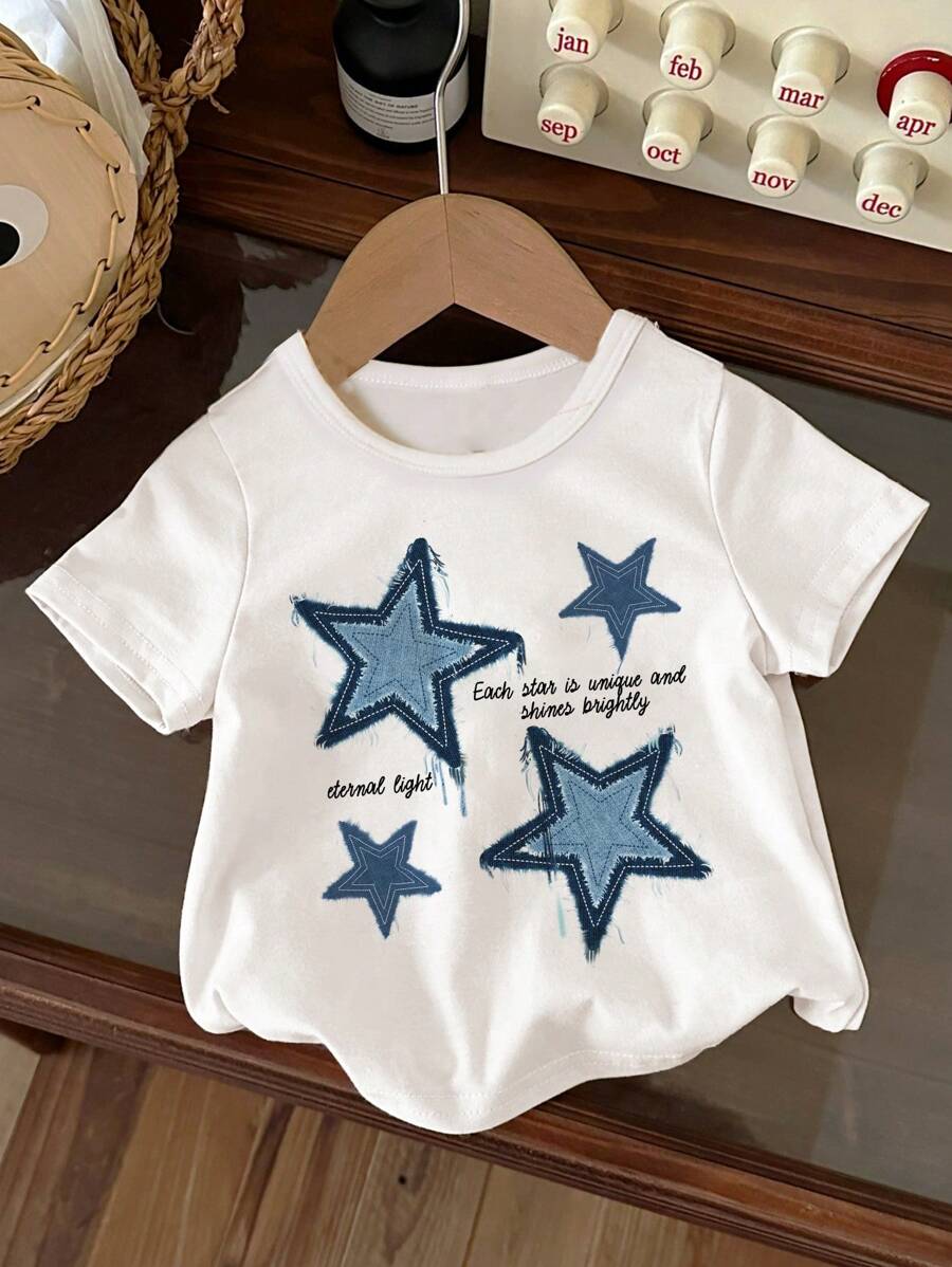 SHEIN Leap Crew 嬰兒男童夏日百搭簡約五角星印花短袖圓領T恤，適合夏季穿著 - 白色 - 查看 1