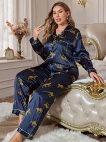 MuseNap CURVE Plus Leopard Print Contrast Piping Satin PJ Set / Pajama Set - Navy Blue - View 6