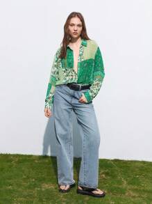 Maija Áo sơ mi dài tay in hoa chắp vá có khuy dành cho nữ, mùa xuân - màu xanh lá - Xem 5