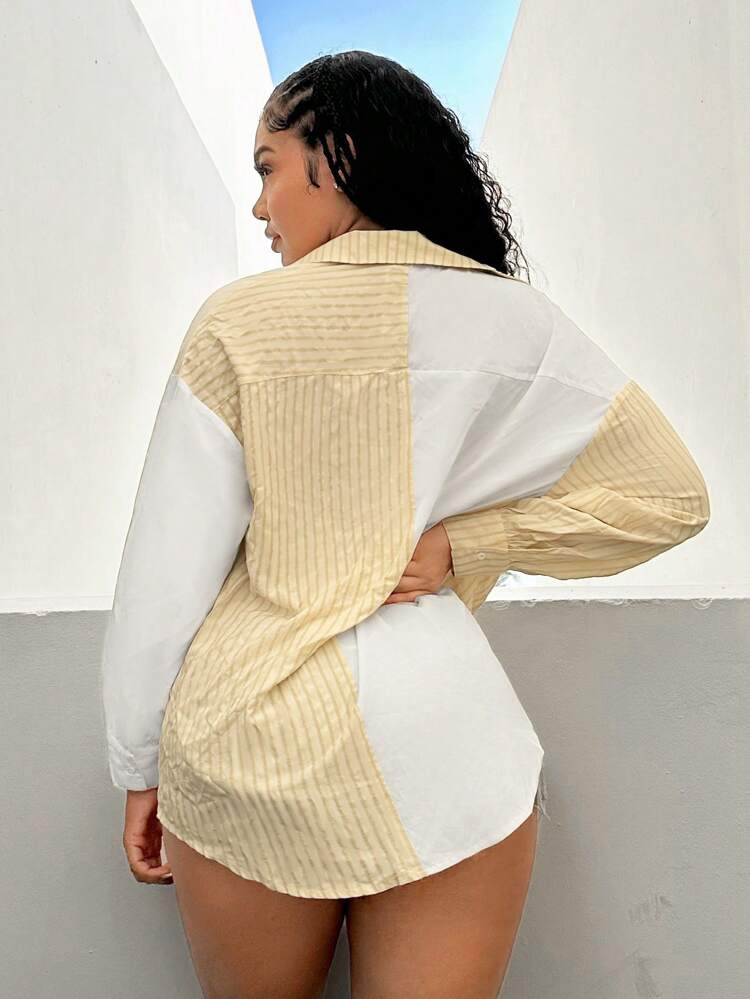 Summer Clothes Long Sleeve American Shirt Yellow Pinstripe Spliced White Mismatched Hem Women's Sexy Shirt