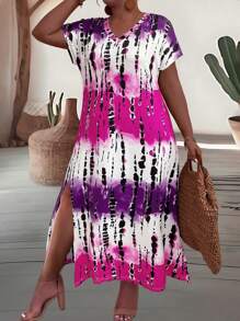 EMERY ROSE Đầm Maxi Nữ Cổ Chữ V Tay Ngắn Viền Xẻ Bên Cỡ Lớn Buộc Nhuộm Màu Cho Mùa Hè Trang Phục Nữ - Nhiều màu - Xem 1