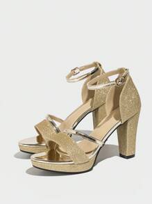 Giày sandal cao gót nữ mùa xuân/hè, quai trước đế dày, quai ngang mắt cá chân, màu vàng kim loại, giày dự tiệc sang trọng, thanh lịch, thích hợp cho kỳ nghỉ. - Vàng - Xem 4