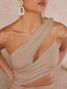 L'Amorae One Shoulder Cut Out Ruched Dress - Khaki - View 3
