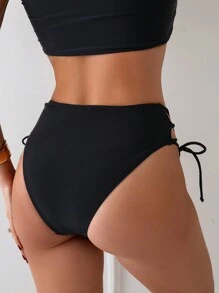 SHEIN Swim Quần bikini có dây buộc bên hông màu trơn cho bể bơi nghỉ mát ở bãi biển mùa hè - màu đen - Xem 3