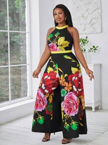 SHEIN Lady Plus size zomermuziekfestival jumpsuit met wijde pijpen, bloemmotief en halterhals