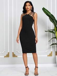 SHEIN Lady Women Casual Minimalist Black Bodycon Sleeveless Dress, Summer - Black - View 6