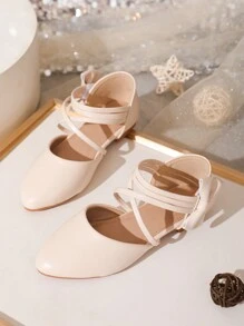 新款女童交叉带芭蕾舞鞋，舒适平底鞋 - 杏色 - 查看 4