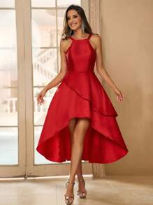 SHEIN Belle Elegant, Gorgeous, Simple And Stylish Women Glossy Satin Red Backless A-Line Asymmetric Hem Dress, Suitable For Vacation, Back To School Season, Graduation, Dancing Party, Afternoon Tea, Gathering And Cocktail Party., Wedding Guest Dress - Red - View 1