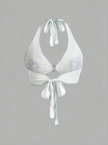 SHEIN ICON 白色印花女士綁頸背心 - 綠色 - 查看 2