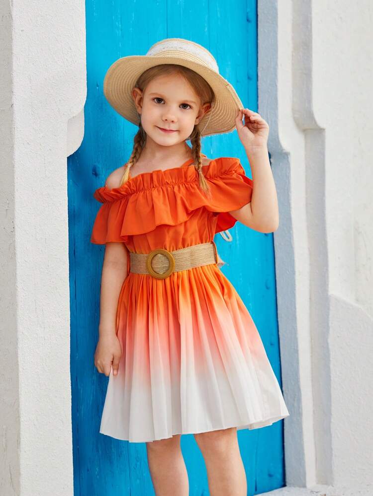 Young Girls' Ombre Color Sleeveless Dress With Shoulder Cutout And Lace Decoration