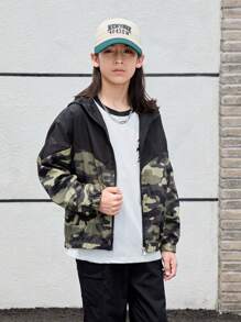 SHEIN Tween Boy Camo Print Zip Up Hooded Jacket Without Tee - Army Green - View 4