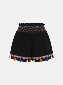 SHEIN Teen Girl Woven Color-Blocked Shorts With Fringe And Retro Ribbon Detailing - Black - View 1