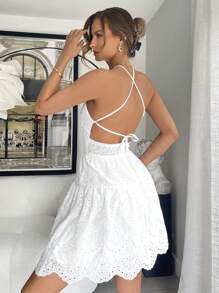 Siren Gaze ثوب قطني أبيض بتطريز للنساء يربط حول الرقبة بدون ظهر لفترة الربيع / الصيف للفتيات المراهقات - أبيض - مشاهدة 2