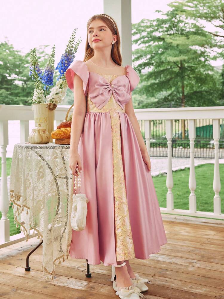 Tween Girl Front Bow Decor Satin Puff Sleeve Gold Jacquard Fabric Party Gown Dress