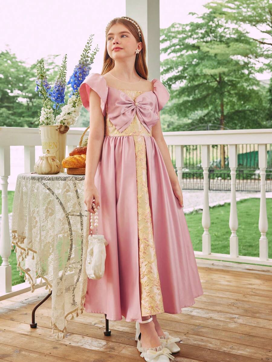 Tween Girl Front Bow Decor Satin Puff Sleeve Gold Jacquard Fabric Party Gown Dress - Multicolor - View 1