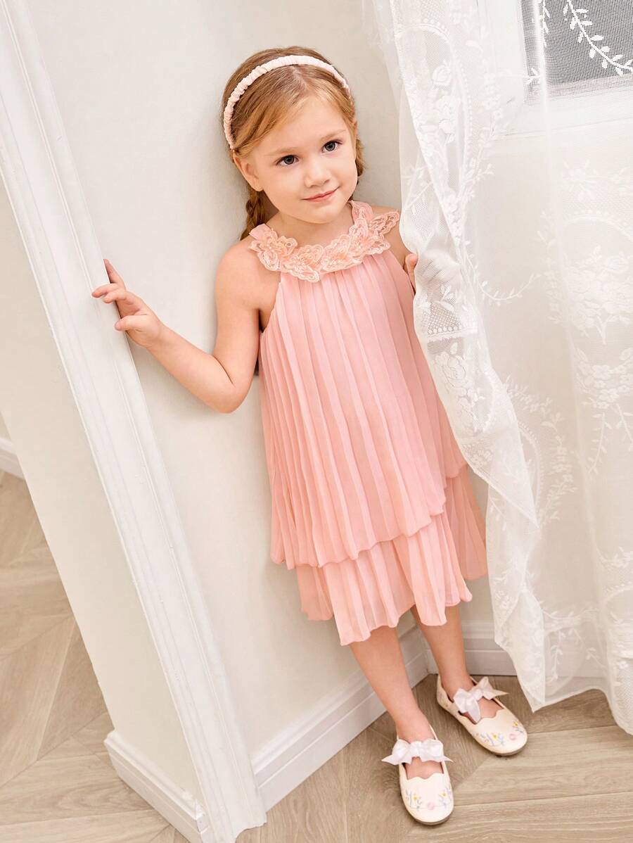 SHEIN 少女法式甜美優雅無袖雪紡蕾絲領仙女連衣裙，適用於海灘度假、夏季 - 粉色 - 查看 1