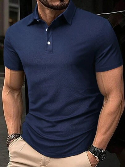Manfinity Homme 男士加大尺碼夏季休閒純色短袖POLO衫，暗藍色純色簡約POLO衫，適用於外出穿著