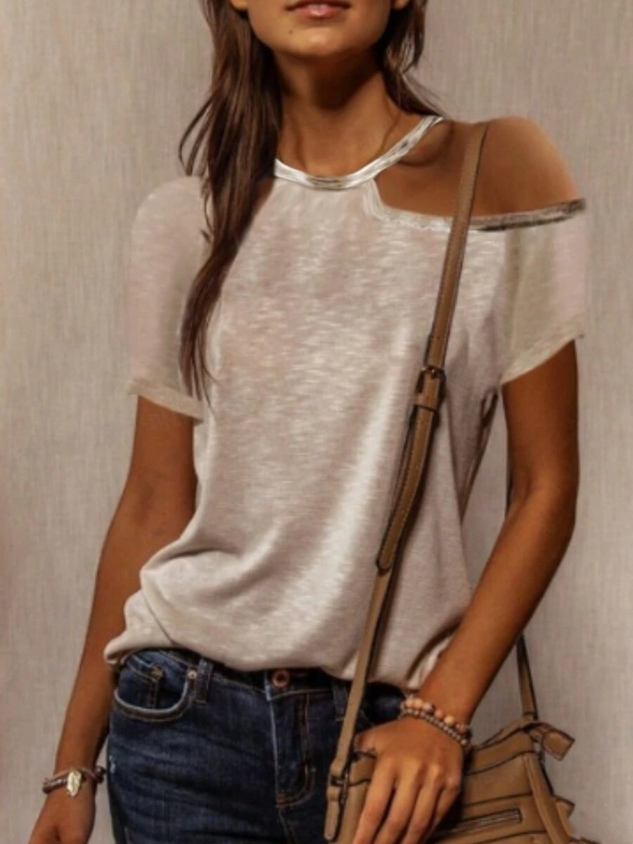Chiquease 女款不對稱領口短袖寬鬆休閒T恤，夏季 - 杏色 - 查看 1