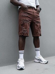 Manfinity Roghcode Quần short denim rách cỡ lớn dành cho nam có túi, dài đến đầu gối - màu nâu - Xem 1