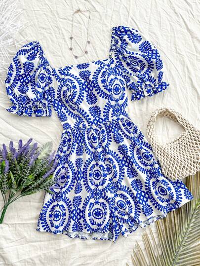 Soleia 休閒渡假風格泡泡袖連身褲，全印花設計