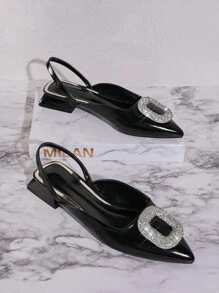 SHUZIA Zapatos planos de tacón bajo decorados con diamantes de imitación en la punta para mujeres para fiesta y ocasiones de alta gama - Negro - Ver 2