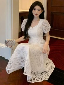 DAZY Váy dài ren họa tiết thanh lịch dành cho nữ, thích hợp cho tiệc thành phố, váy dạ hội mùa xuân/hè, váy cưới - trắng - Xem 5