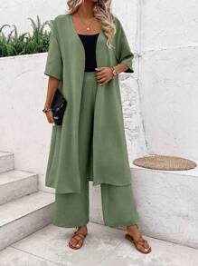 SHEIN LUNE 女款簡約純色短袖開襟長褲套裝 - 軍綠色 - 查看 3