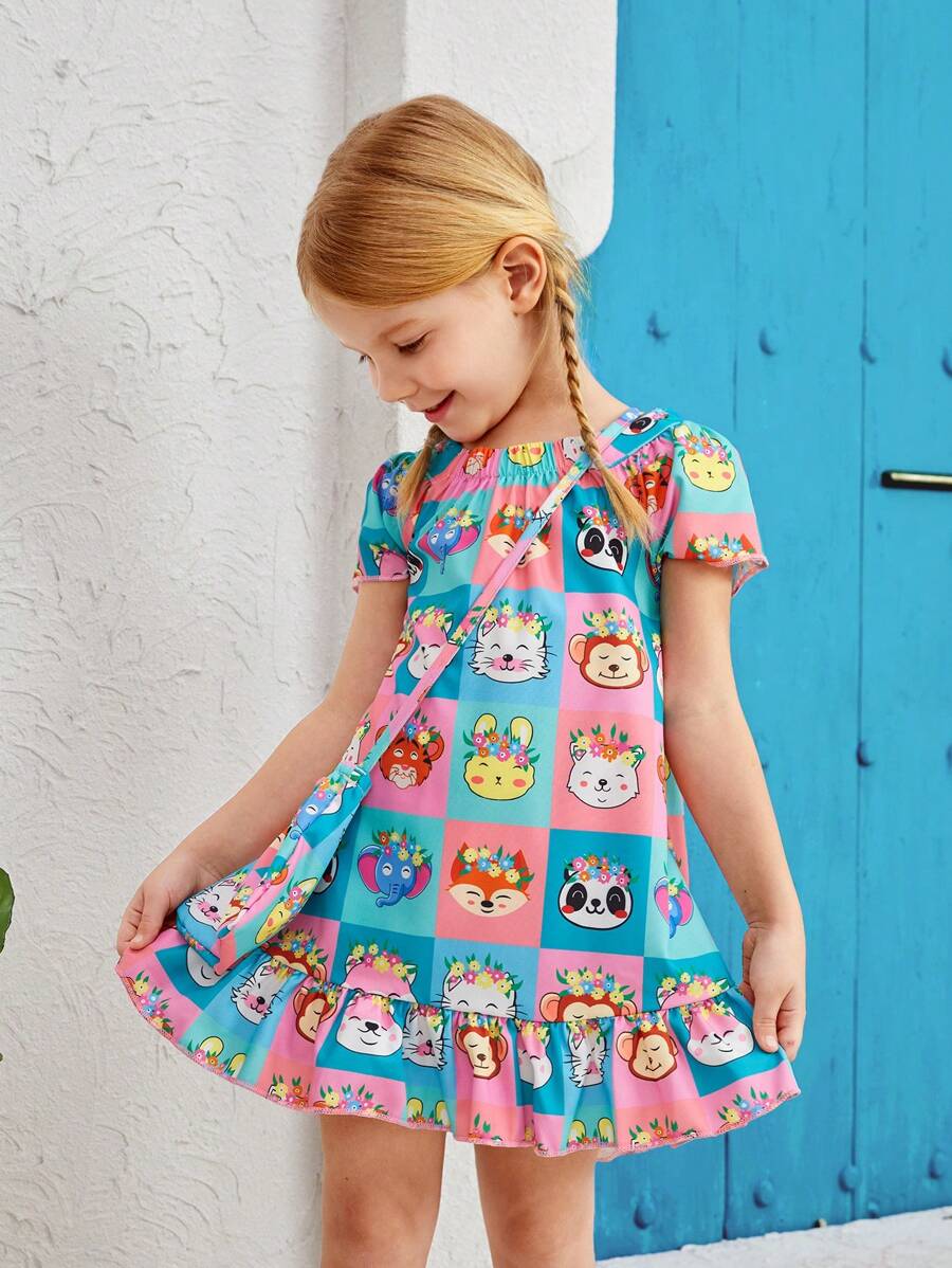 SHEIN 小女童卡通圖案荷葉邊連衣裙和配件包 - 彩色 - 查看 1