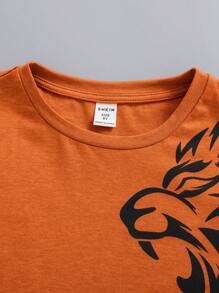 SHEIN Tween Boys'  Round Neck Printed Knitted Short Sleeve T-Shirt - Orange - View 4