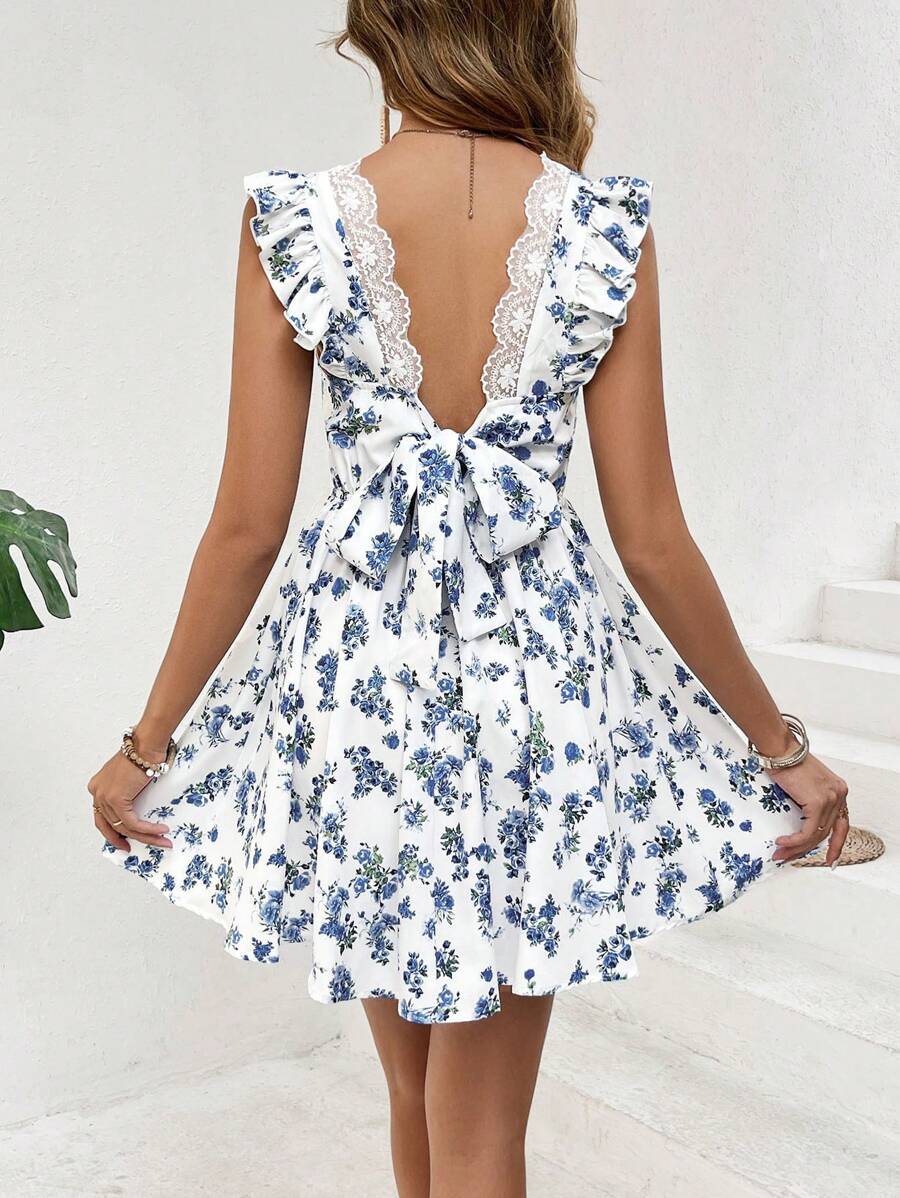 SHEIN Frenchy Nữ cổ chữ V phối ren hở lưng buộc dây có mũ tay áo mùa hè để mặc thường ngày và đi nghỉ - trắng - Xem 1