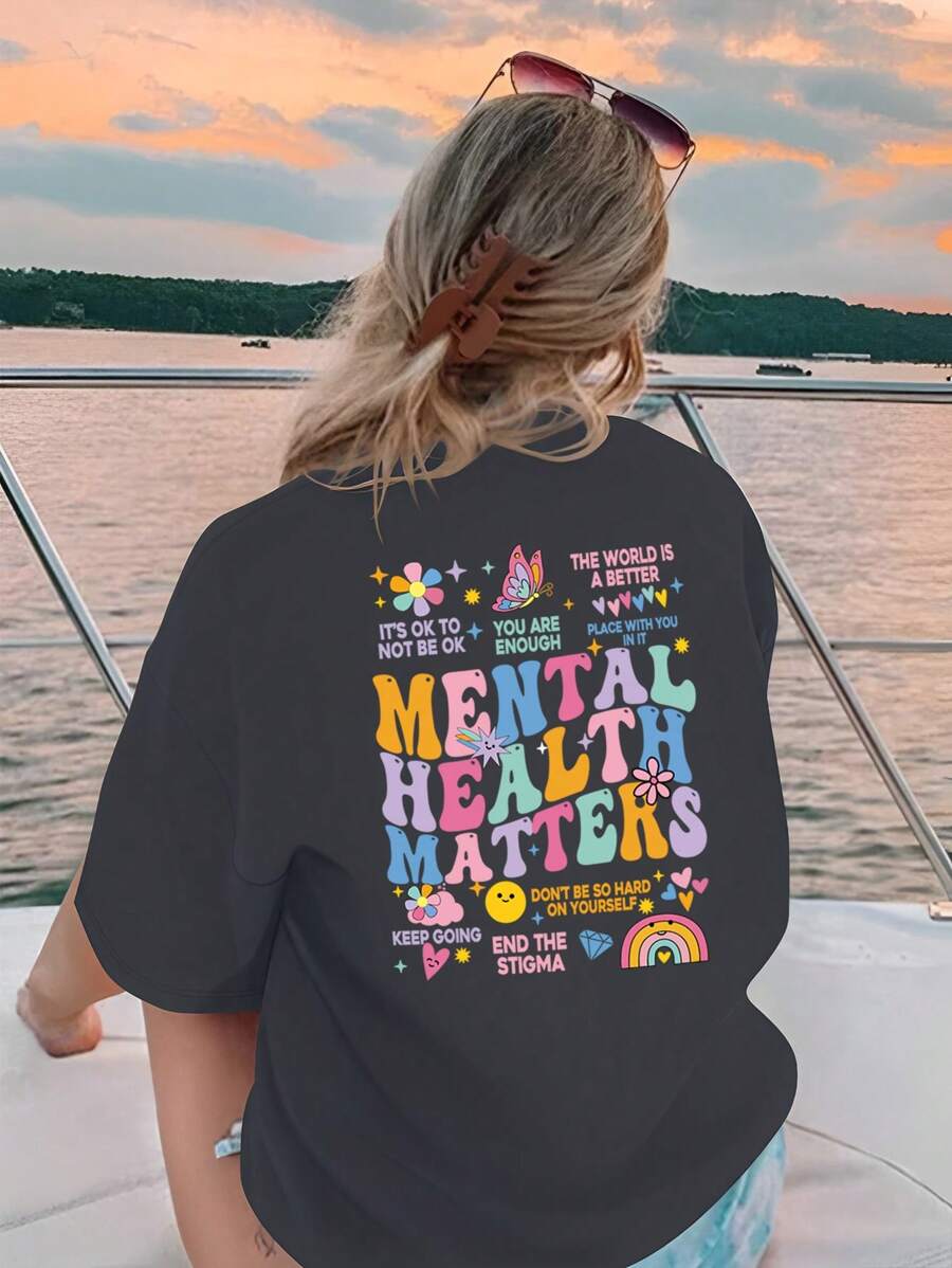 INAWLY Plus Size Casual Loose Short Sleeve T-Shirt With Slogan Print, Suitable For Summer, Summer Women Top, IT'S OK TO NOT BE OK, YOU ARE ENOUGH, THE WORLD IS A BETTER PLACE WITH YOU IN IT, MENTAL HEALTH MATTERS, KEEP GOING, DON'T BE SO YOURSELF, END THE STIGMA Graphic Tees Women Tops - Dark Grey - View 1