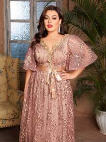 Vestido de Dama de Honra com Tela, Decote em V, Manga Bufante, Bordado Floral e Inserção em Tela, Plus Size - Rosa chiclete - Visão 5