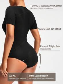 SHAPORA Seamless Round Neck Short-Sleeved Brief Bodysuit Body Shaper Bust&Butt Lifter -Tummy Waist Arm Control - Black - View 2