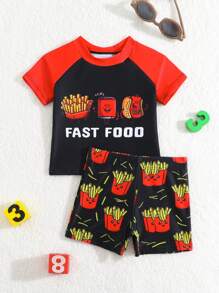 嬰兒男寶假日字母和籌碼印花短袖圓領休閒T恤和短褲套裝，適用於海灘 - 黑色 - 查看 1