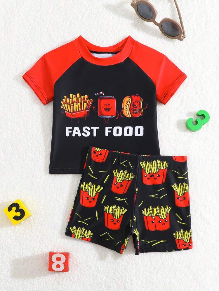 Baby Boy Holiday Letter & Chips Printed Round Neck Casual T-Shirt And Shorts Set, Beachwear