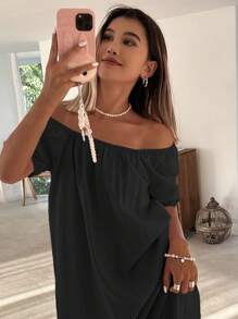 DAZY Đầm maxi nữ màu trơn, kiểu dáng rộng rãi, hở vai, thích hợp cho kỳ nghỉ, kiểu đầm Milkaid, đầm maxi xếp nếp. - màu đen - Xem 4