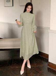 DAZY Váy dài tay ôm eo ren màu trơn thanh lịch, váy dạ hội mùa xuân, váy mùa thu - Màu xanh Bạc hà - Xem 2