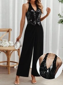 SHEIN Frenchy Dames zomer jumpsuit met patchwork wijde pijpen en halterhals geschikt voor feestjes, concert dameskleding, dames rompertjes, dames jumpsuits, rugloze jumpsuit, zwarte jumpsuit