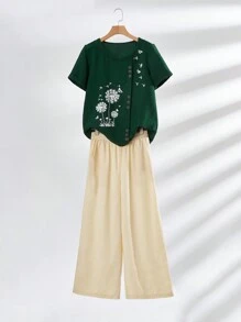 Women's Regular Fit Casual Printed Two-Piece Set - Dark Green - View 3