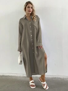 Women Casual Oversized Loose Maxi Shirt Dress - Army Green - View 5
