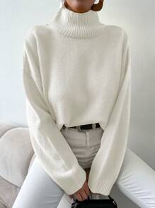 EURMUSE Women's Solid Colored Stand Collar Drop Shoulder Sweater - White - View 6