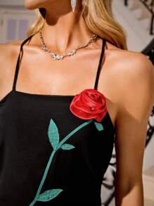 Chiquease Váy dây hở lưng trang trí hoa 3D thanh lịch dành cho nữ, mùa hè - màu đen - Xem 3