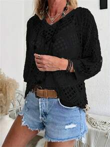 Spring/Summer V-Neck Diamond Cutout Batwing Sleeve Women Cover Up Coat - Black - View 5