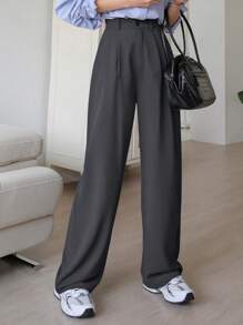 DAZY 女式纯色褶皱直筒阔腿宽松商务休闲裤，女式正装裤秋冬 - 深灰色 - 查看 4