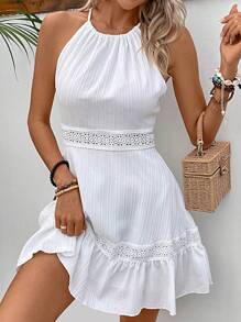 SHEIN LUNE Guipure Lace Panel Backless Ruffle Hem Dress - White - View 5