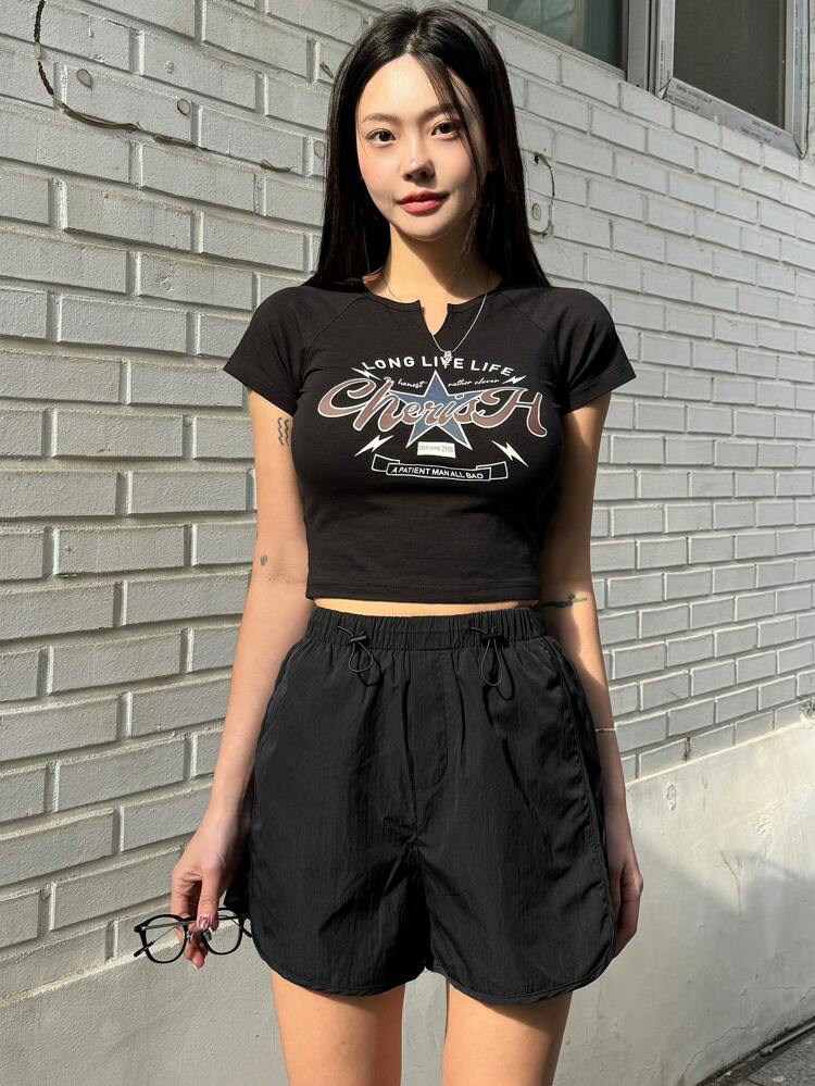 Women's Fashionable Loose Fit Solid Color Shorts With Drawstring Waist Design Summer Sweater Shorts