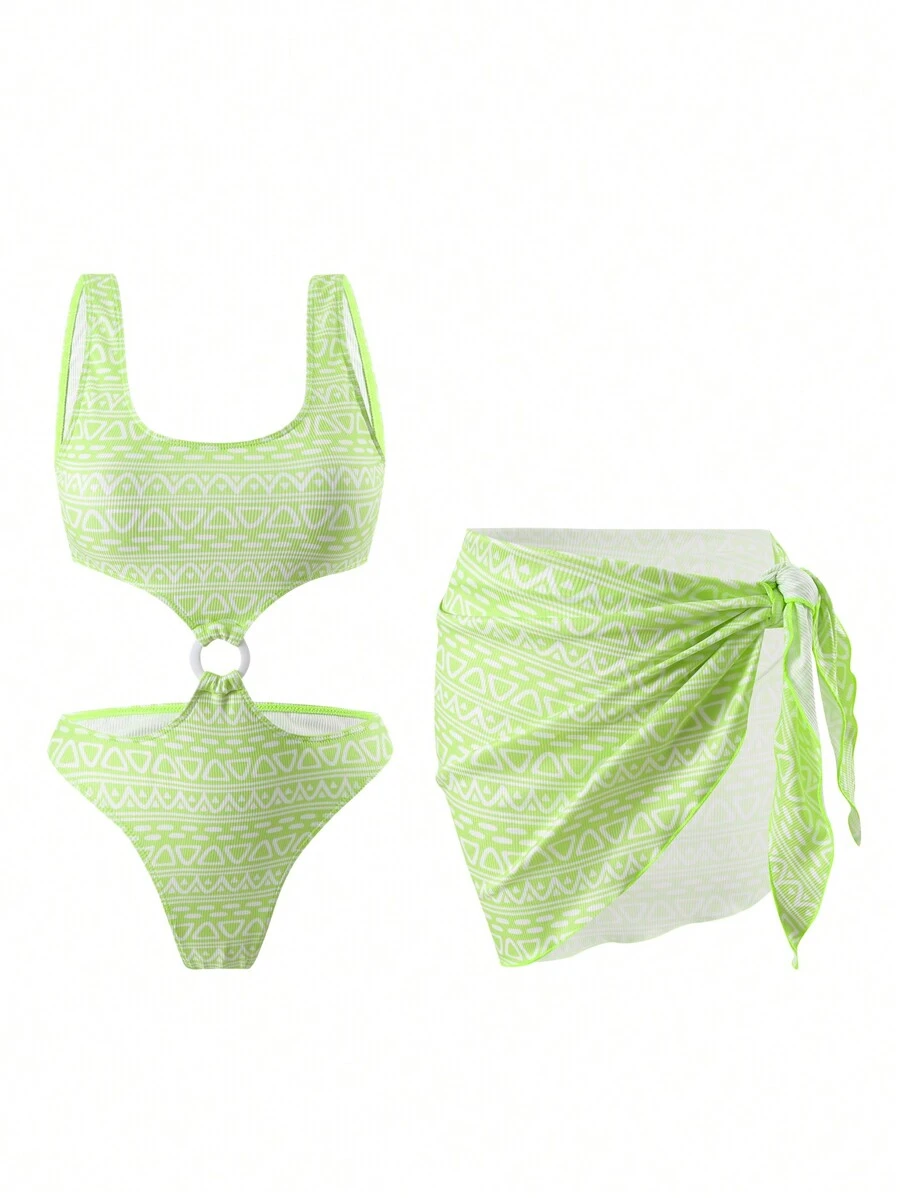 SHEIN Swim 女士夏季海灘幾何印花露肩連身泳衣連遮陽裙 - 綠色 - 查看 1