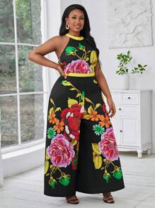 SHEIN Lady Plus size zomermuziekfestival jumpsuit met wijde pijpen, bloemmotief en halterhals
