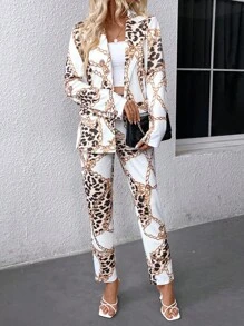 EMERY ROSE Women's Leopard Chain Print Suit Set, Casual Blazer And Pants